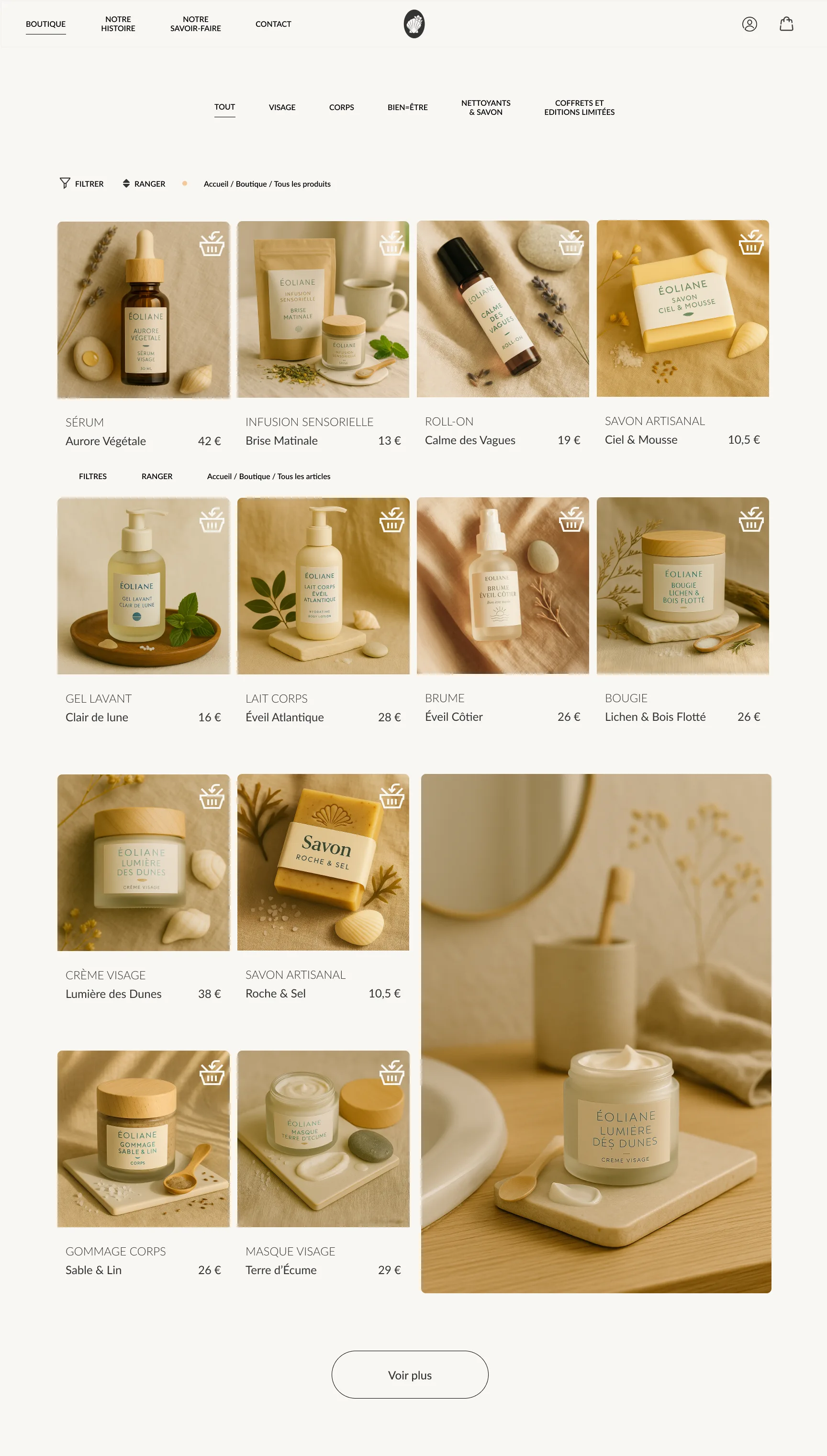 Page Boutique Éoliane — collections sensorielles