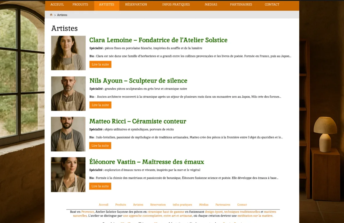 Page artistes Atelier Solstice avant refonte