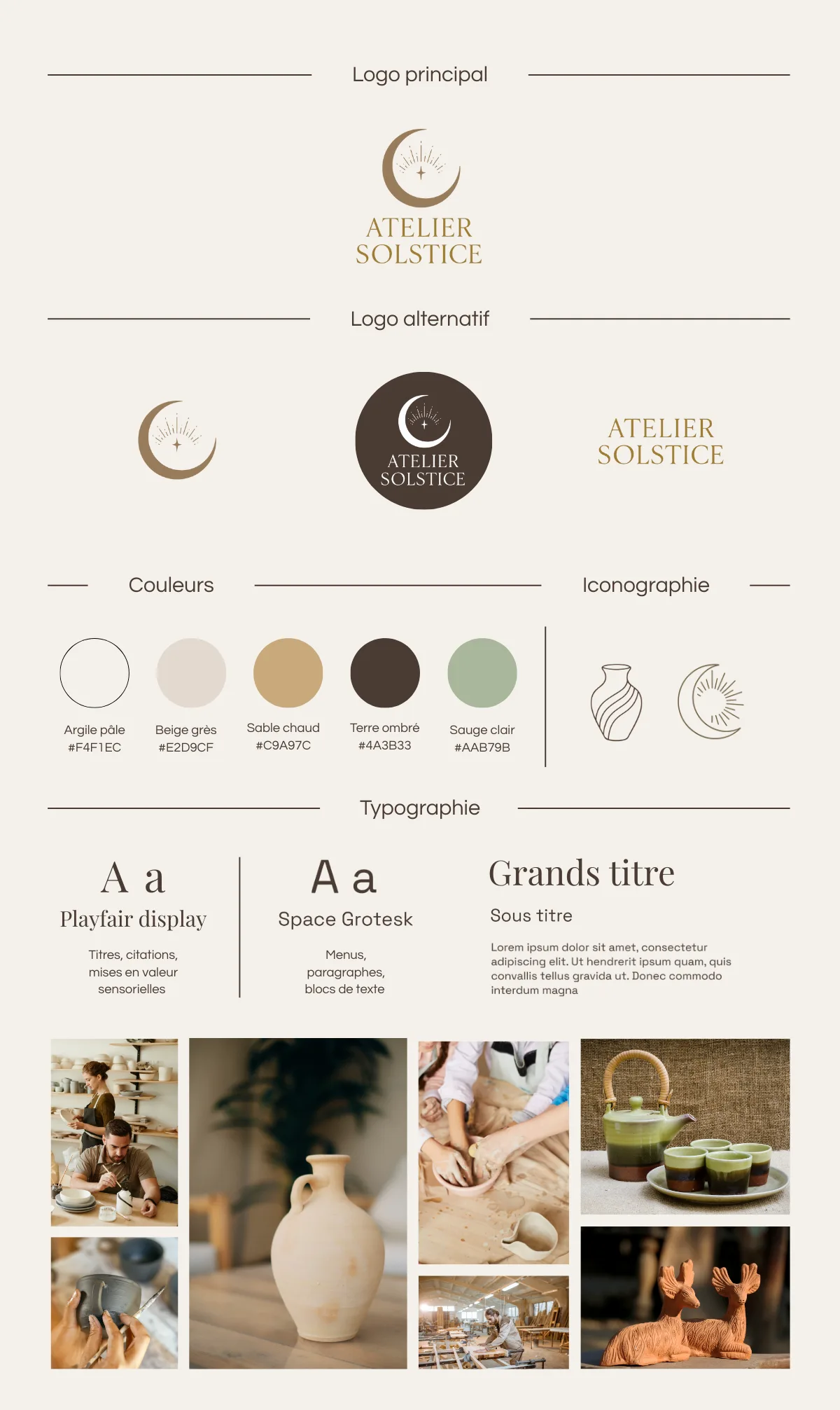 Charte graphique complète Atelier Solstice — palette, typographies, logo
