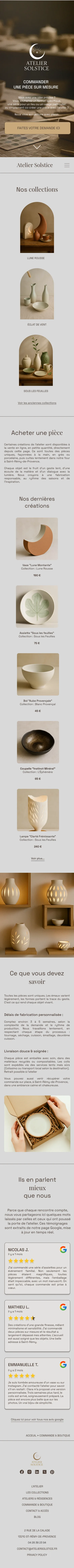 Page boutique Atelier Solstice — version mobile après refonte